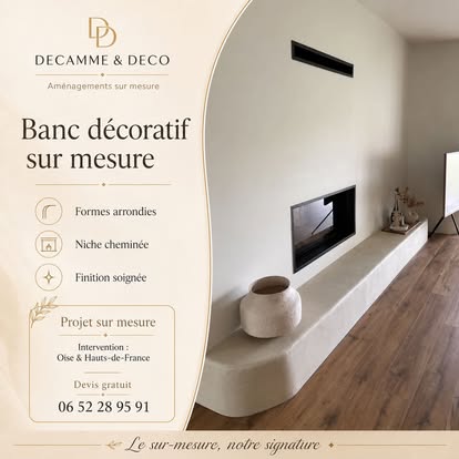 Banc décoratif sur mesure en béton ciré aux formes arrondies avec niche cheminée, aménagement intérieur à Beauvais