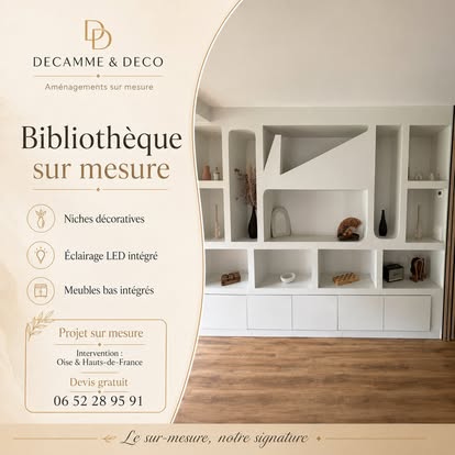 Bibliothèque sur mesure en placo avec niches décoratives, éclairage LED intégré et meubles bas, réalisée à Beauvais