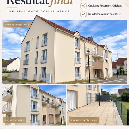 Vue générale de la résidence de Clairoix avant et après nettoyage des façades