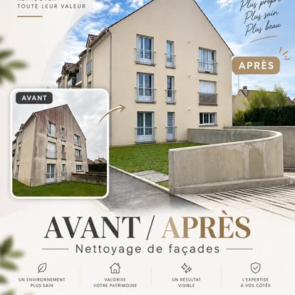 Pignon d'immeuble à Clairoix nettoyé, coulures fortement réduites